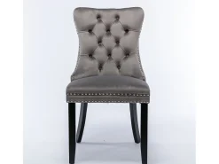 Silla de comedor moderna, terciopelo gris, patas de madera, clavos decorativos, juego de 2 (65x50x95 cm)