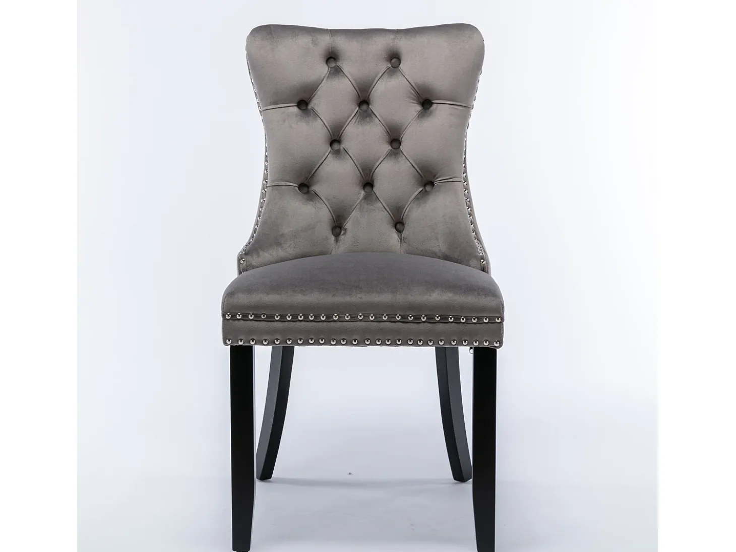 Silla de comedor moderna, terciopelo gris, patas de madera, clavos decorativos, juego de 2 (65x50x95 cm)