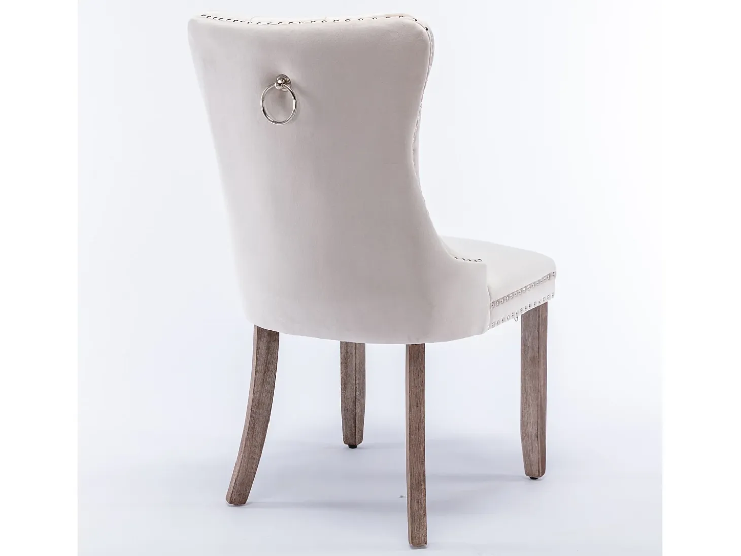 Silla de comedor moderna con reposabrazos, terciopelo, base de madera maciza, con clavos decorativos, beige (65x50x95 cm)