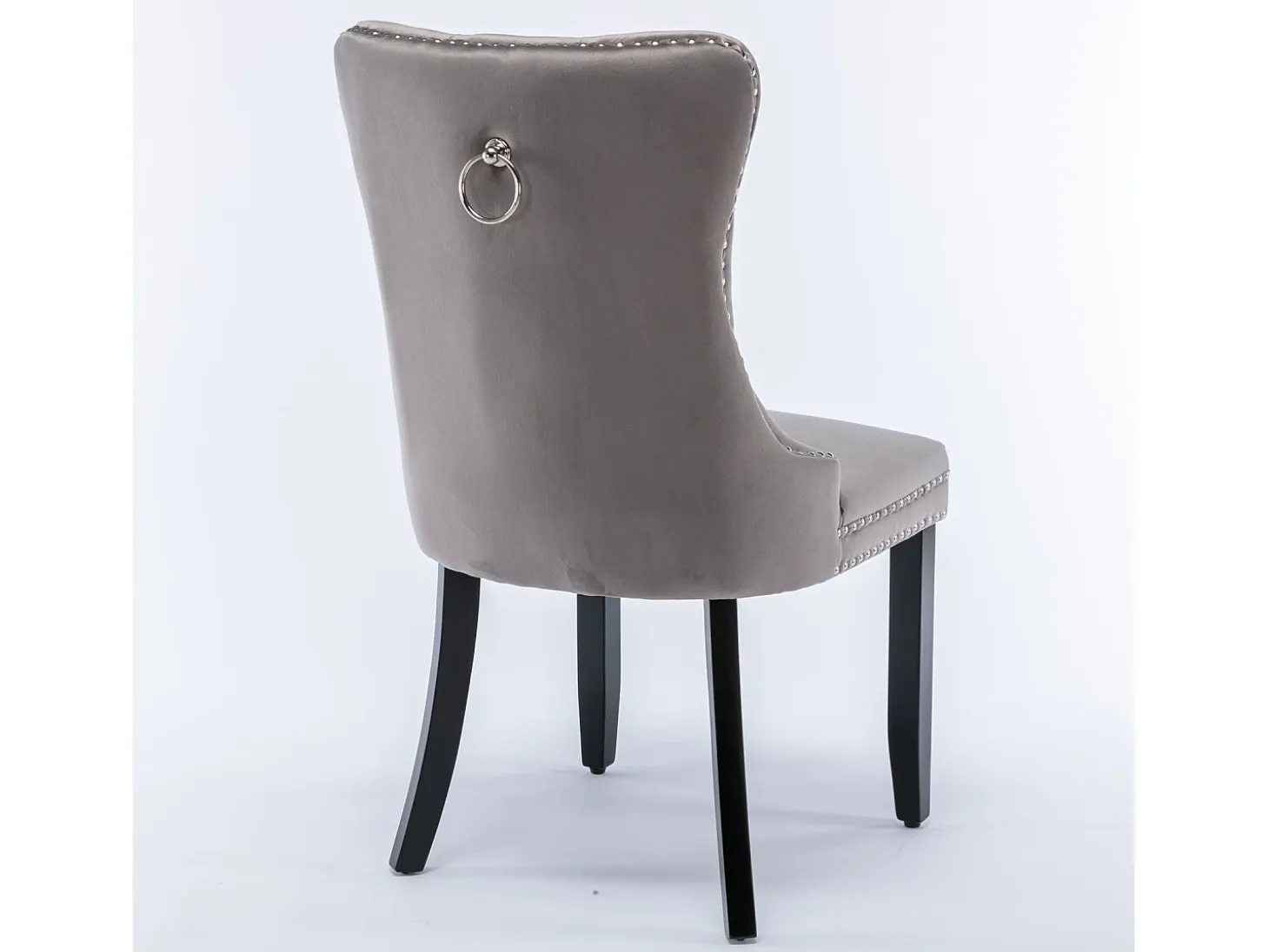 Silla de comedor moderna de terciopelo, patas de madera maciza, clavos decorativos, gris (65 x 50 x 95 cm)