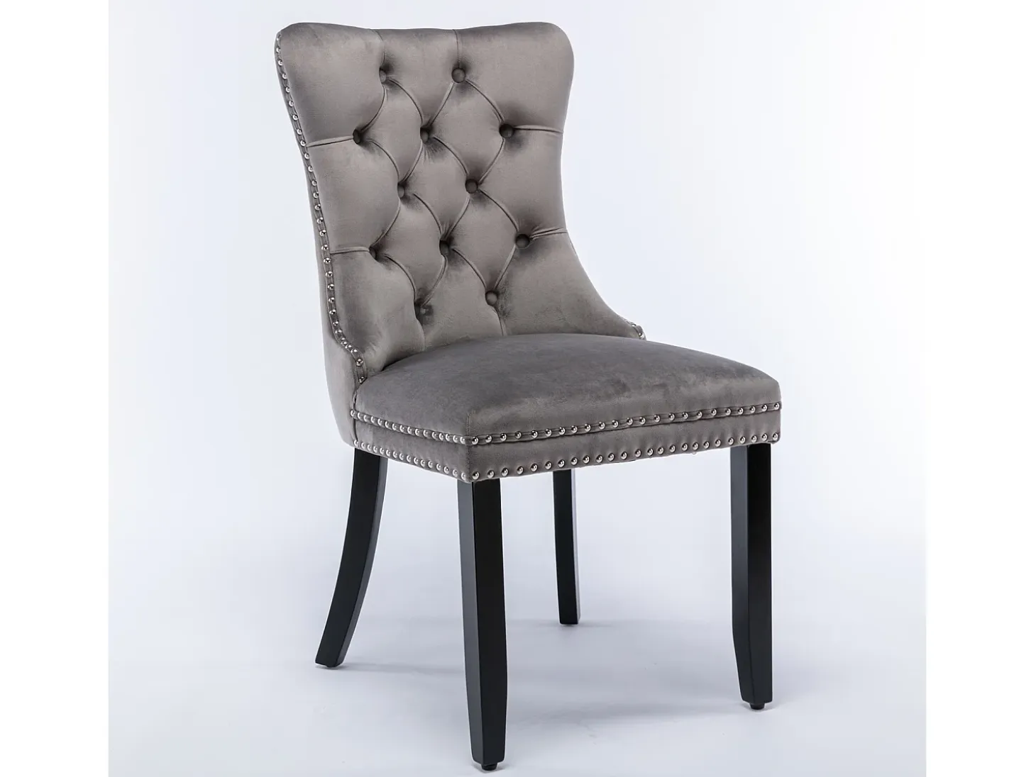 Silla de comedor moderna de terciopelo, patas de madera maciza, clavos decorativos, gris (65 x 50 x 95 cm)