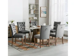 Silla de comedor moderna, en terciopelo gris, con respaldo y patas de madera maciza, juego de 6 (49x63x95 cm)