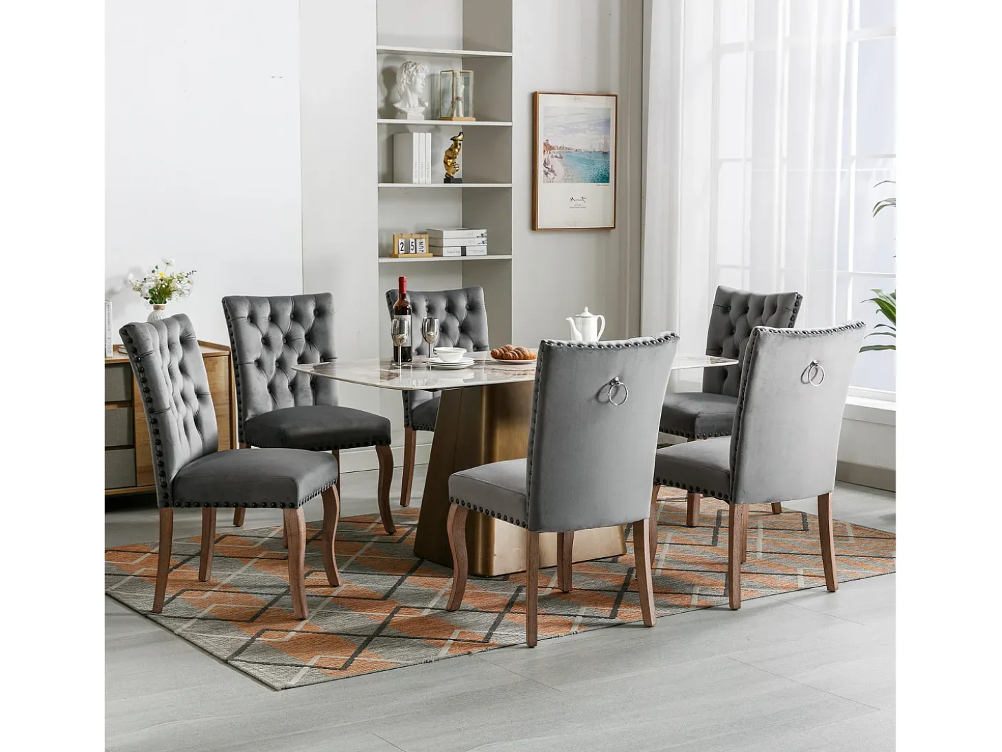 Silla de comedor moderna, en terciopelo gris, con respaldo y patas de madera maciza, juego de 6 (49x63x95 cm)