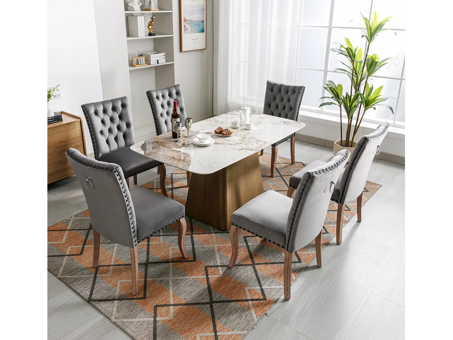 Silla de comedor moderna, en terciopelo gris, con respaldo y patas de madera maciza, juego de 6 (49x63x95 cm)
