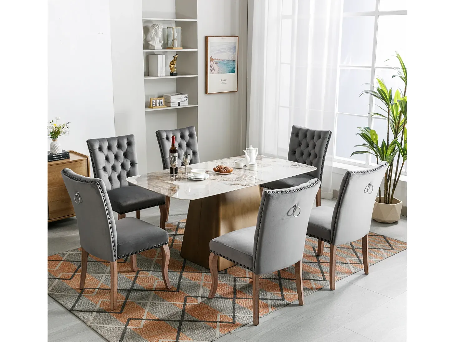 Silla de comedor moderna, en terciopelo gris, con respaldo y patas de madera maciza, juego de 6 (49x63x95 cm)