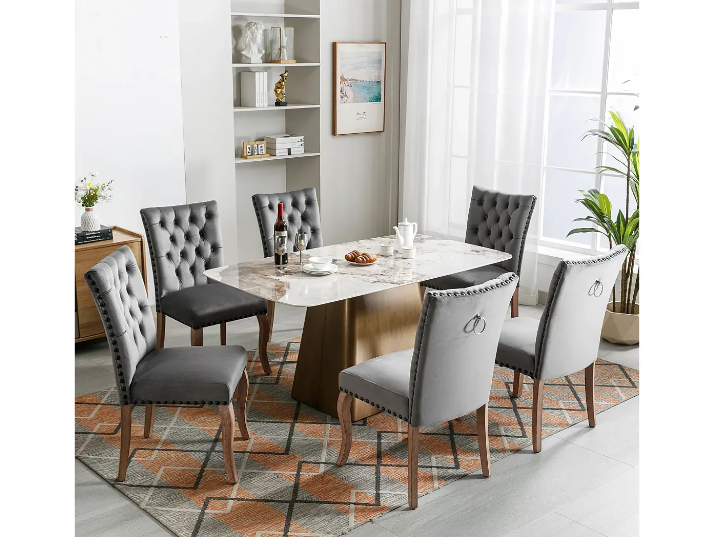 Silla de comedor moderna, en terciopelo gris, con respaldo y patas de madera maciza, juego de 6 (49x63x95 cm)