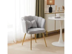 Silla de comedor tapizada en terciopelo con cojín y patas de metal - respaldo pétalo - madera - gris