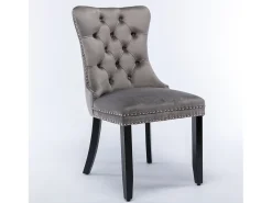 Silla de comedor tapizada, madera maciza, base de madera, remaches decorativos, terciopelo, gris (65x50x95 cm)