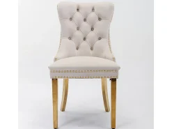 Silla de comedor tapizada con patas de acero inoxidable chapado en oro, tapizado con tachuelas, revestimiento de terciopelo, color beige dorado.