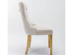 Silla de comedor tapizada con patas de acero inoxidable chapado en oro, tapizado con tachuelas, revestimiento de terciopelo, color beige dorado.