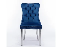 Silla de comedor tapizada de 2 piezas con patas de acero inoxidable cromado, tapizado con tachuelas, tapicería de terciopelo, azul y cromado