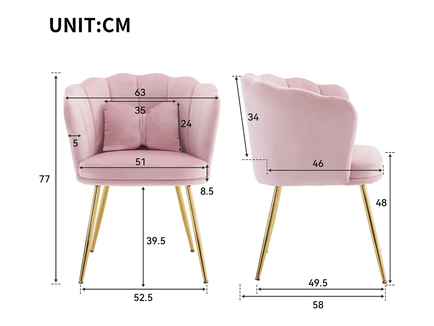 Silla de comedor tapizada de terciopelo con cojín y patas de metal - Respaldo de pétalos - Madera - Rosa (2 piezas)