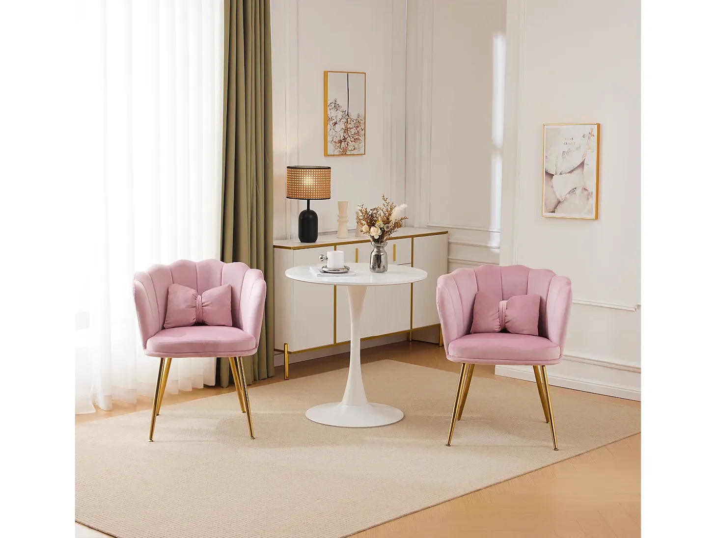 Silla de comedor tapizada de terciopelo con cojín y patas de metal - Respaldo de pétalos - Madera - Rosa (2 piezas)