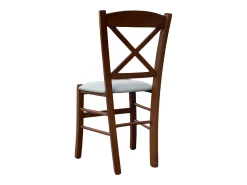 Silla de madera en forma de cruz de nogal oscuro con asiento de piel sintética color gris hielo