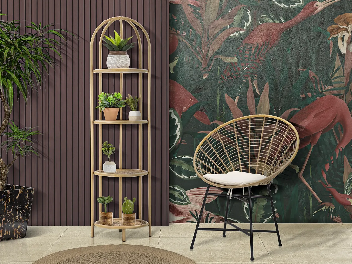 Silla de metal y ratán con cojín blanco boho chic Panama