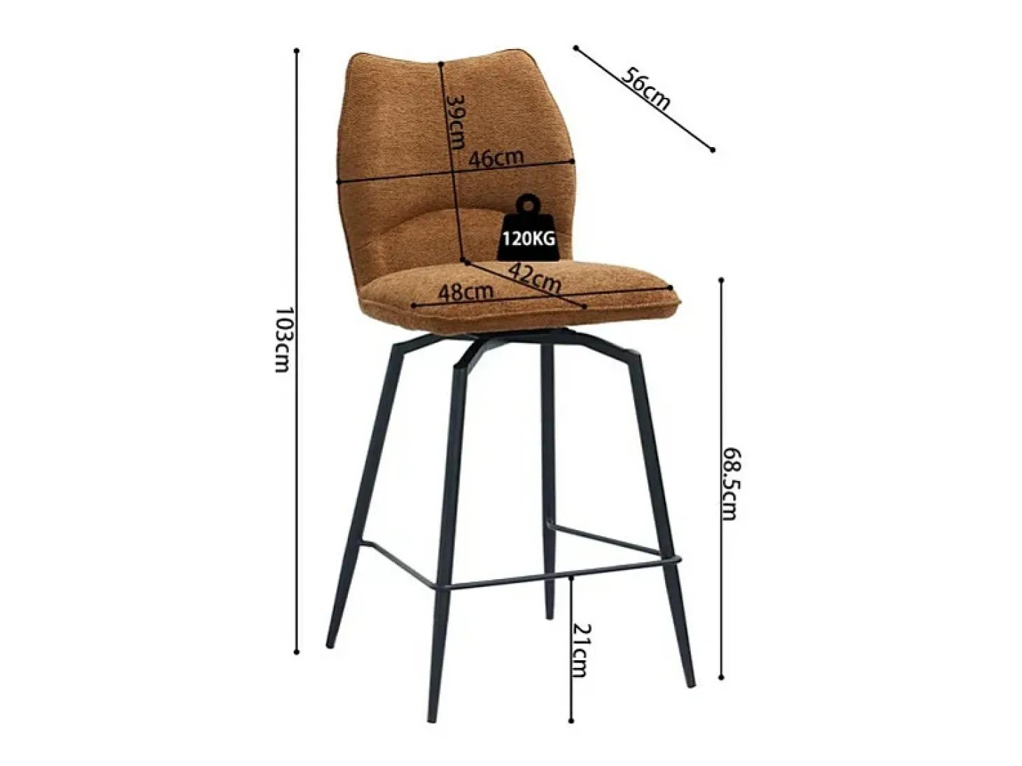 Silla de mostrador giratoria CROFT – Tela marrón óxido – Patas de metal negro – Altura 103 cm – Estilo diseño/industrial
