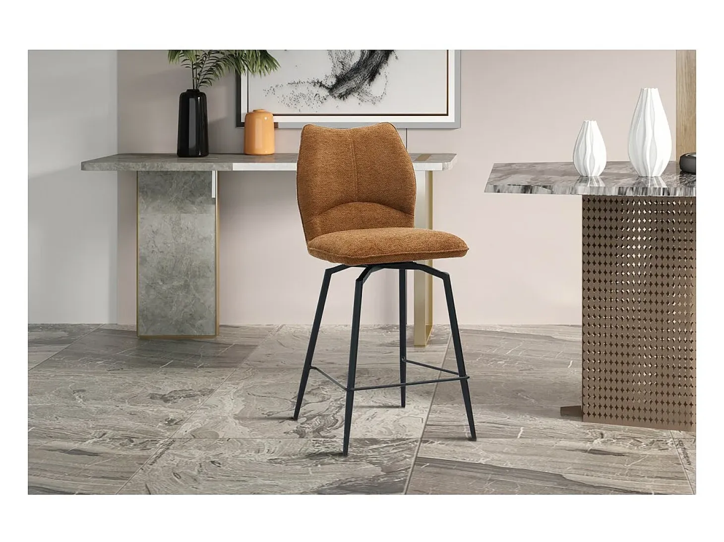 Silla de mostrador giratoria CROFT – Tela marrón óxido – Patas de metal negro – Altura 103 cm – Estilo diseño/industrial