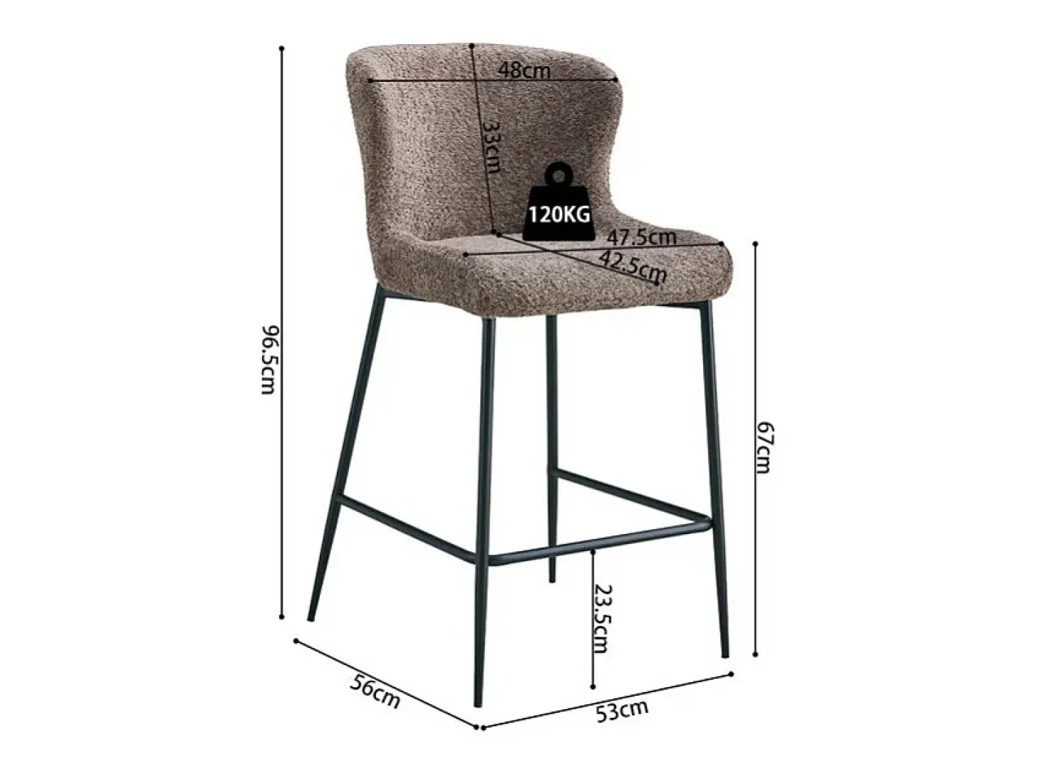 Silla de mostrador LISE – Tela rizada color arena – Patas de metal negro – Estilo diseño/industrial