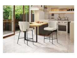 Silla de mostrador LISE – Tela rizada beige – Patas de metal negro - Estilo diseño/industrial