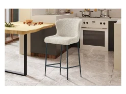 Silla de mostrador LISE – Tela rizada beige – Patas de metal negro - Estilo diseño/industrial