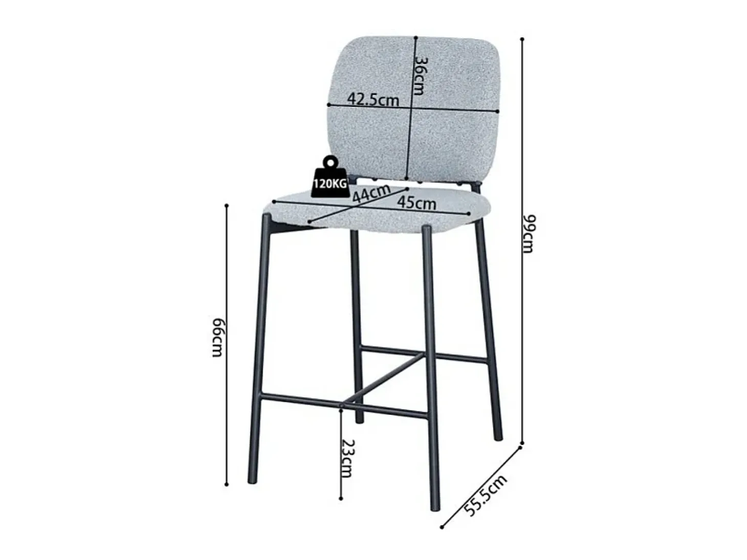 Silla de mostrador RITA – Tela gris claro – Patas de metal negro – Altura 99 cm – Estilo diseño/industrial
