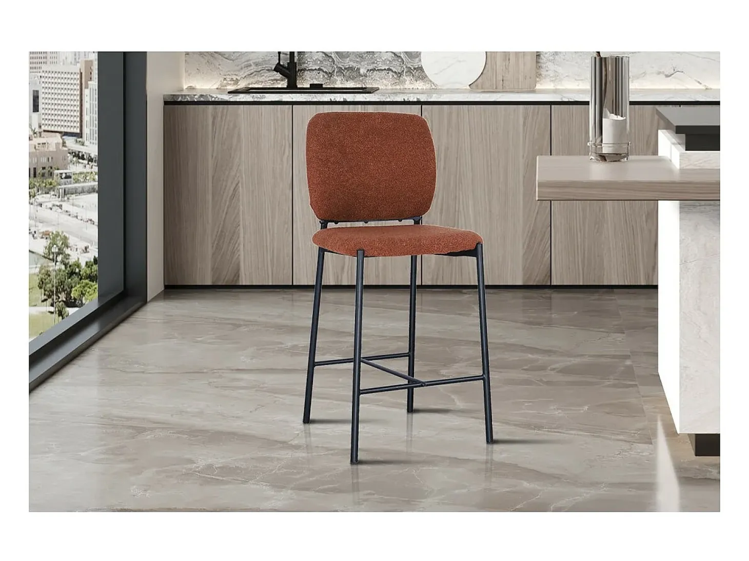Silla de mostrador RITA – Tela marrón óxido – Patas de metal negro – Altura 99 cm – Estilo diseño/industrial