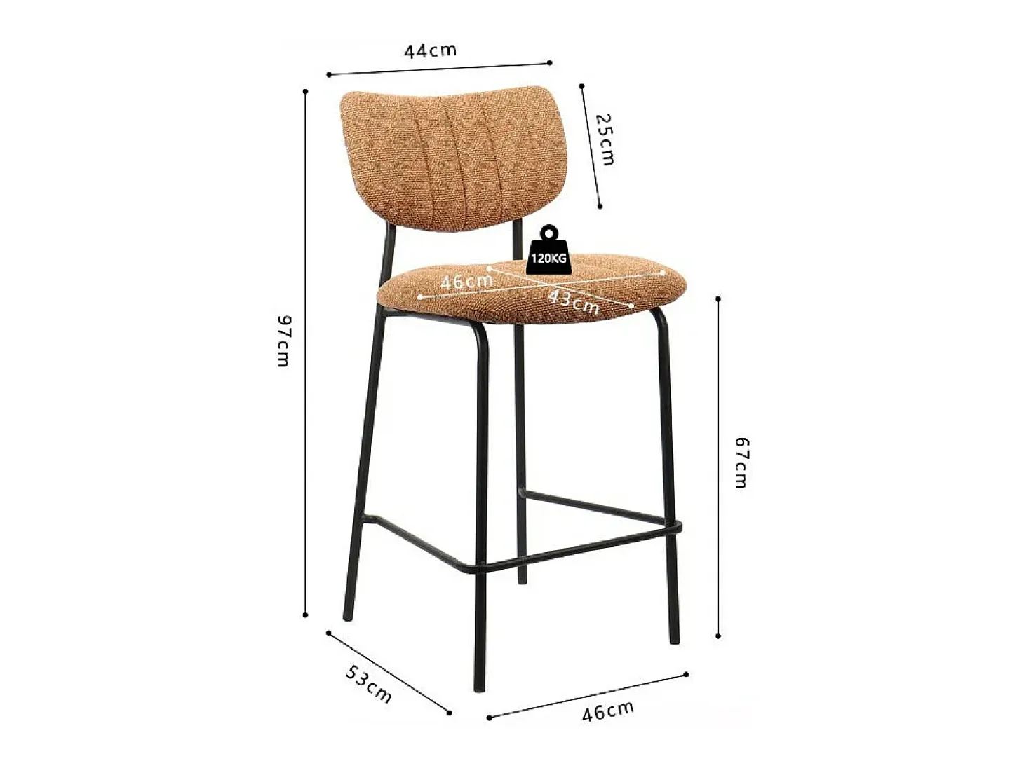 Silla de mostrador VENTURA – Tela naranja – Patas de metal negro – Altura 97 cm – Estilo diseño/industrial