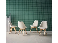 Silla escandinava de madera de haya y pana fina, set de 4 blanco roto