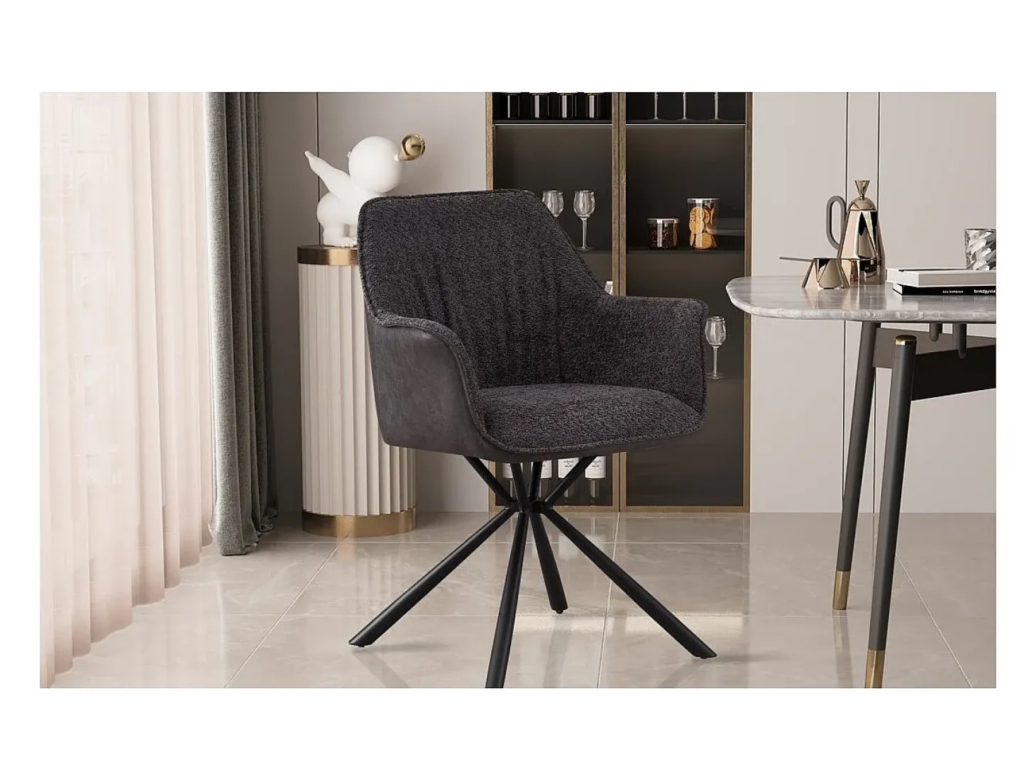 Silla LUCIA – Bouclé Gris & Dorso PU Gris claro – H82.5 × L62 × P63 cm – Estilo diseño