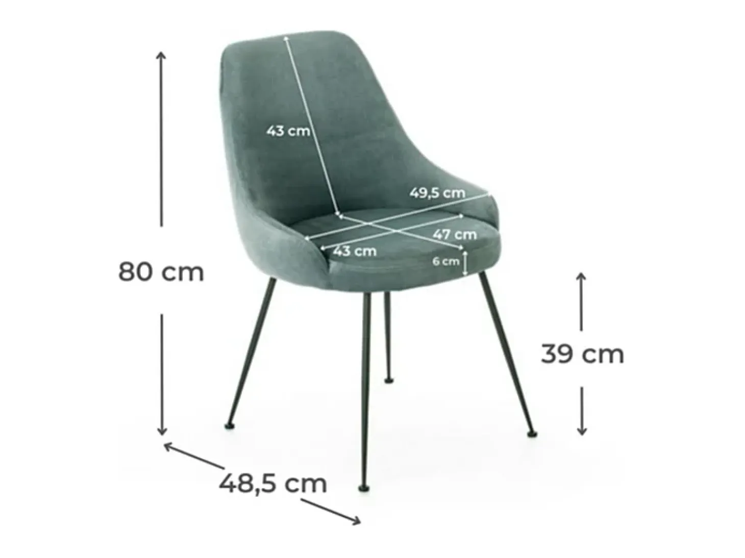 Silla moderna acolchada "Alyssa" con efecto terciopelo aguamarina, 49,5x48,5 cm, 80 cm de alto