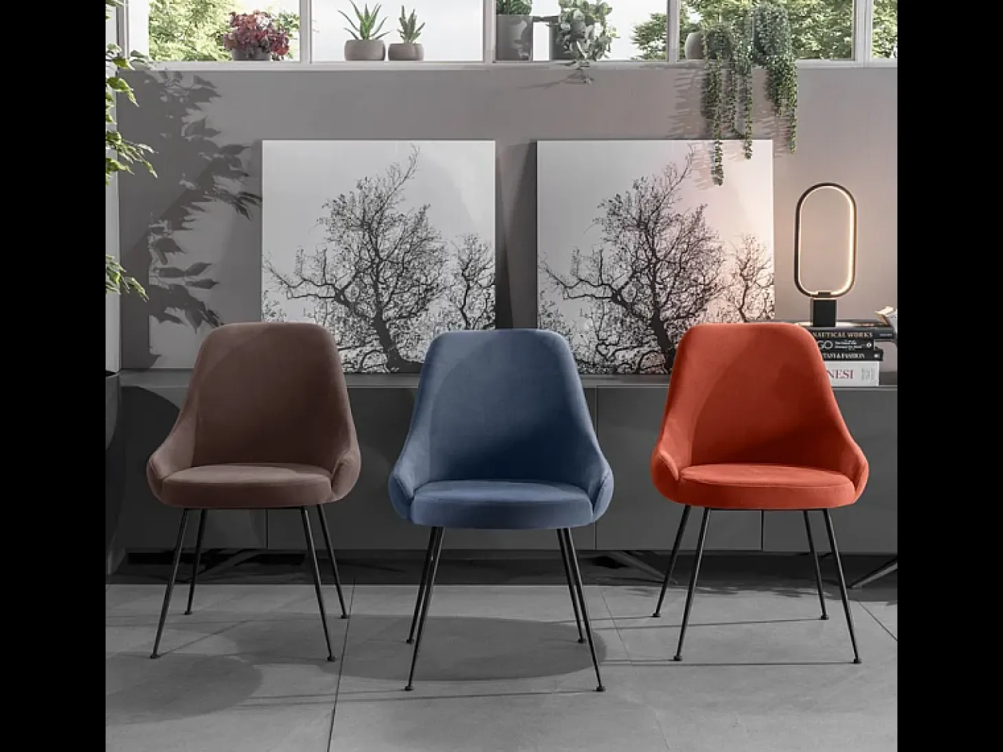 Silla moderna acolchada "Alyssa" efecto terciopelo marrón cm 49,5x48,5 80h