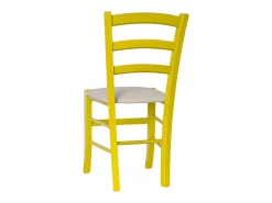 Silla Venecia de madera amarilla con asiento de piel sintética color crema beige