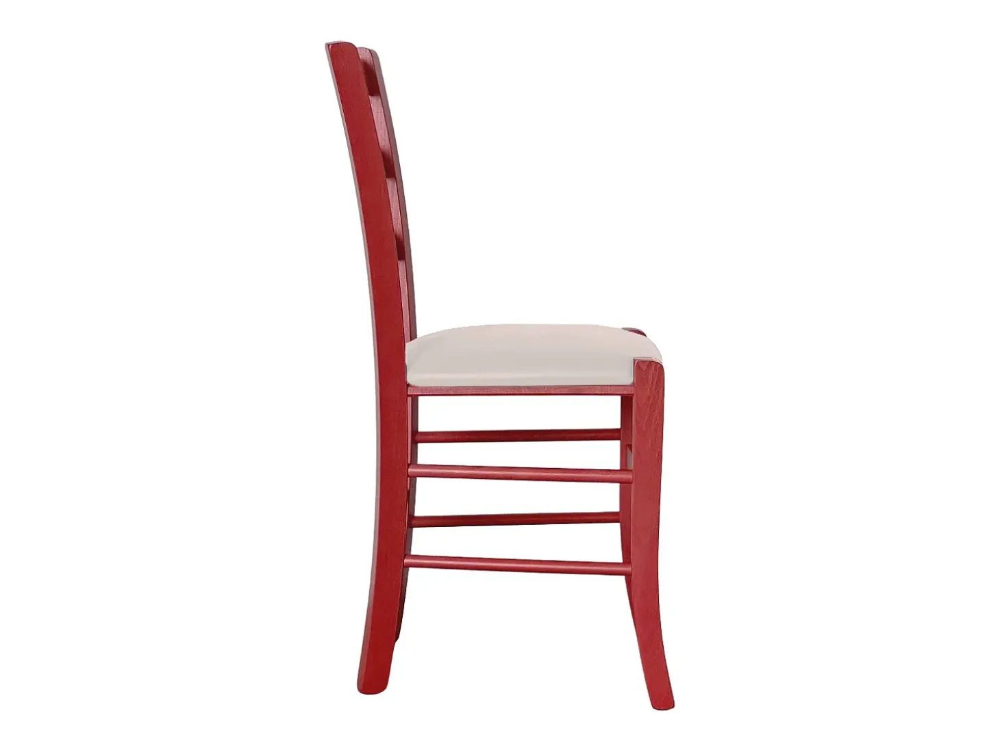Silla veneciana de madera roja con asiento de piel sintética gris claro