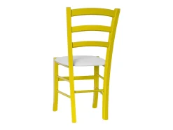 Silla veneciana de madera amarilla con asiento de piel sintética gris claro