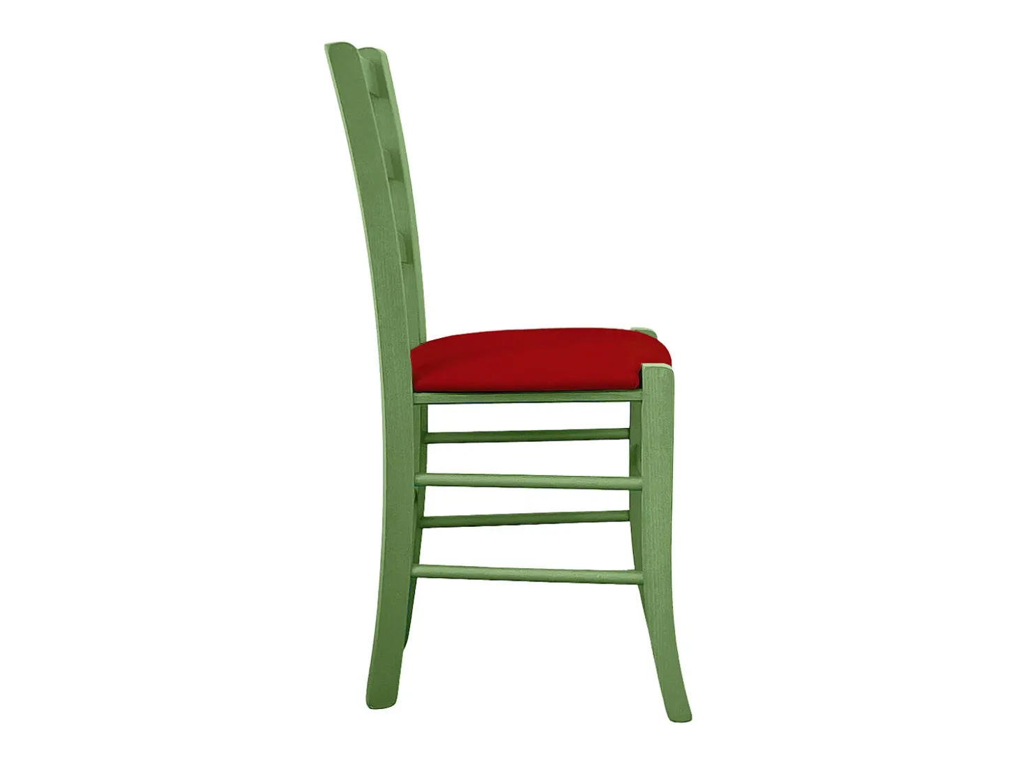 Silla Venezia de madera verde con asiento de piel sintética roja