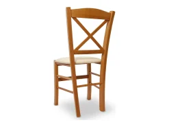 Silla Venezia en madera de cerezo con respaldo en cruz y asiento en símil piel beige