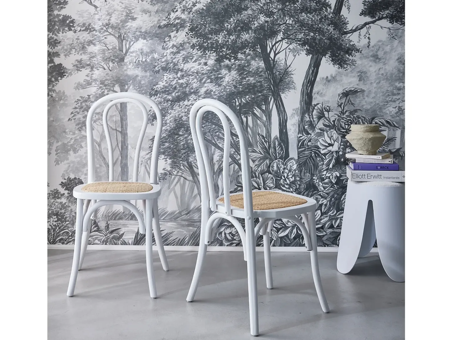 Silla vintage de madera y ratán, set de 2 blanco