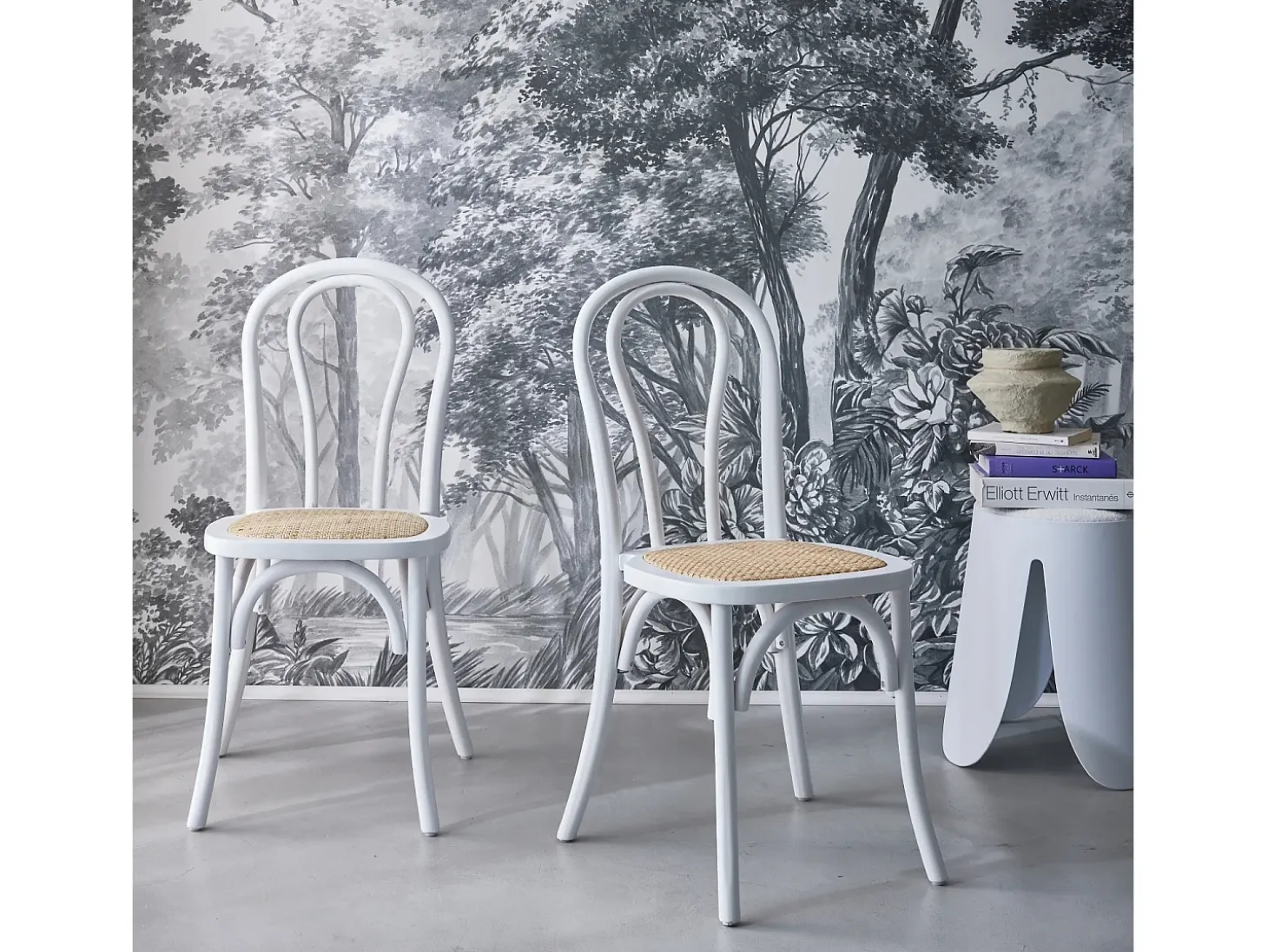 Silla vintage de madera y ratán, set de 2 blanco