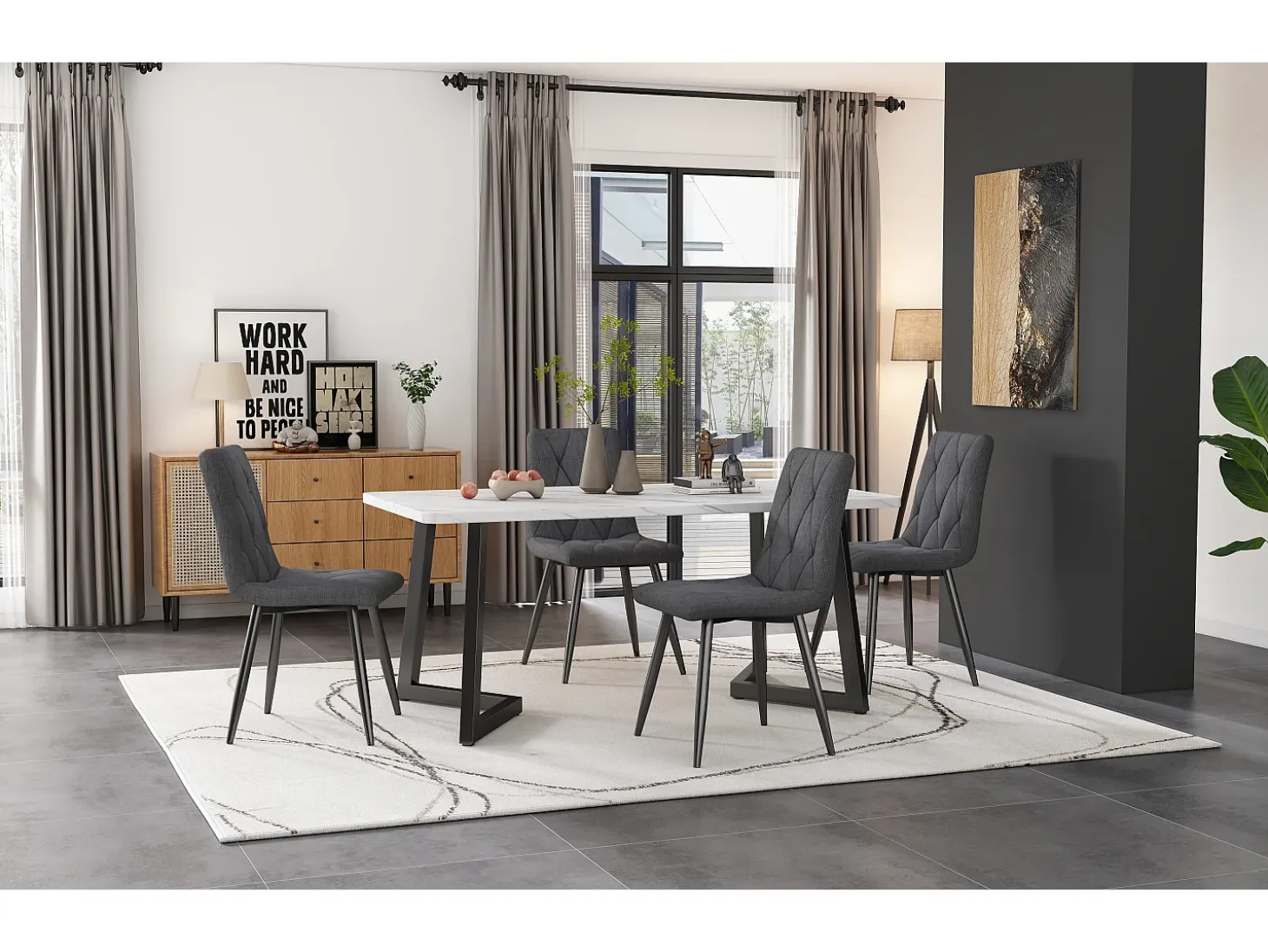 Sillas de comedor (4 piezas), lino gris oscuro, patas de metal negro, respaldo de arpillera (45x40x86 cm)