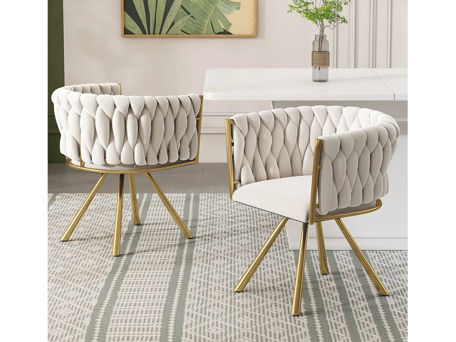 Sillas de comedor con respaldo capitoné, 4 piezas, tapizadas en terciopelo, patas de metal dorado, color beige (50 x 45 x 91 cm)