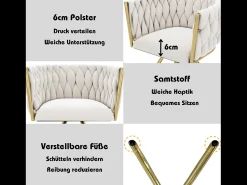 Sillas de comedor con respaldo capitoné, 4 piezas, tapizadas en terciopelo, patas de metal dorado, color beige (50 x 45 x 91 cm)