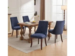 Sillas de comedor, juego de dos, tapizadas en tela con acolchado mullido, patas curvadas de madera maciza, lino, azul