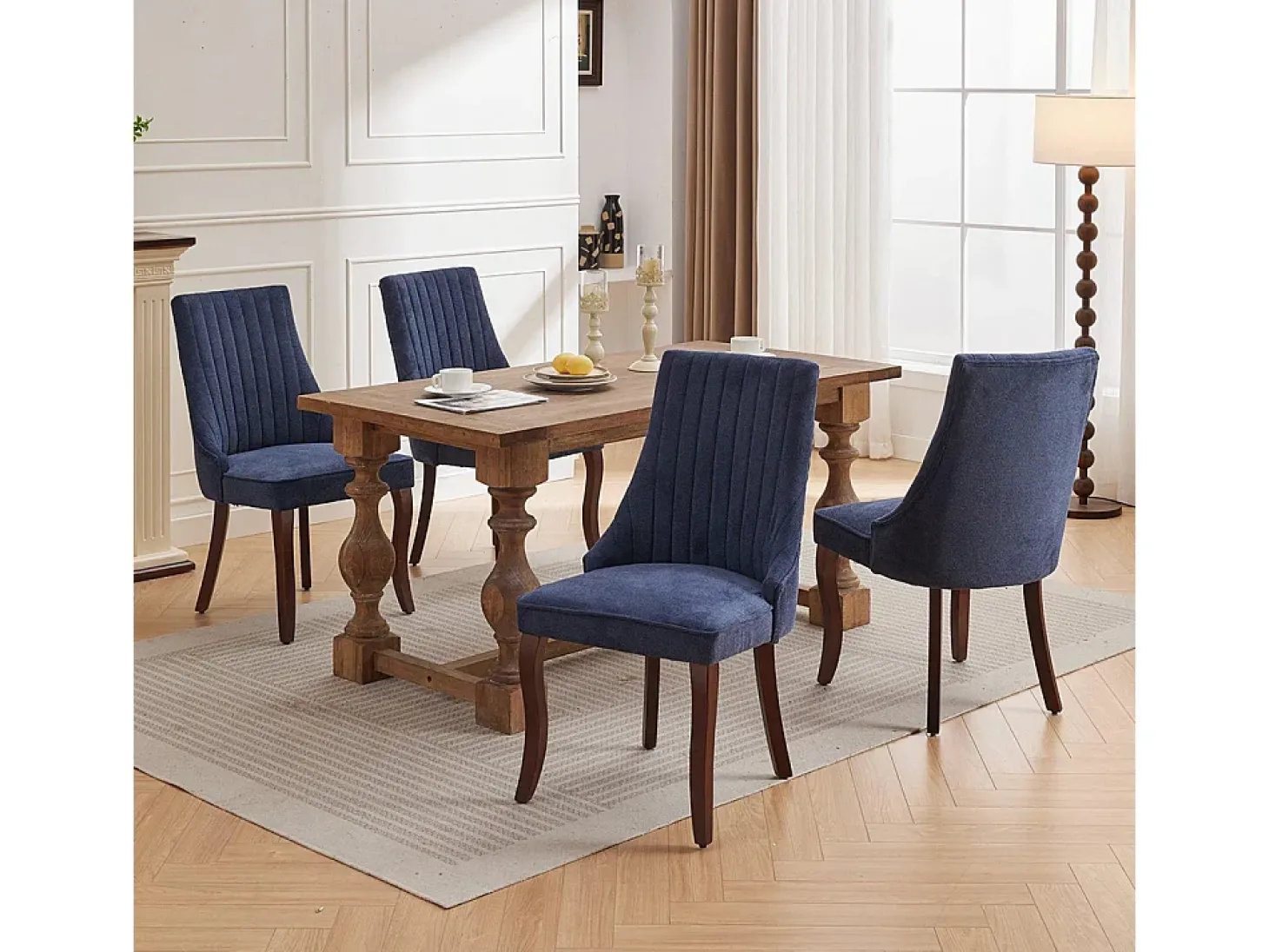Sillas de comedor, juego de dos, tapizadas en tela con acolchado mullido, patas curvadas de madera maciza, lino, azul