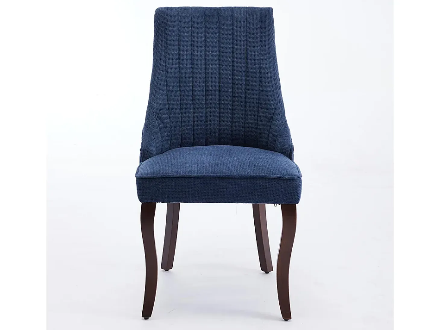 Sillas de comedor, juego de dos, tapizadas en tela con acolchado mullido, patas curvadas de madera maciza, lino, azul