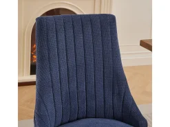 Sillas de comedor, juego de dos, tapizadas en tela con acolchado mullido, patas curvadas de madera maciza, lino, azul
