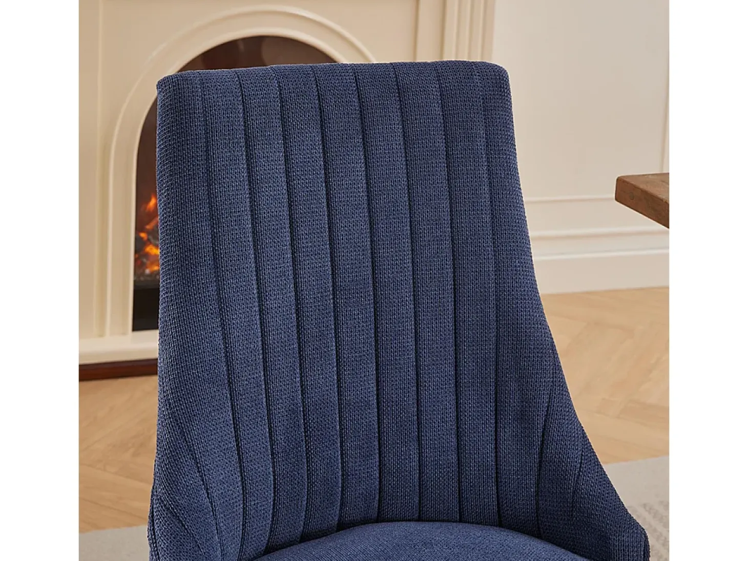 Sillas de comedor, juego de dos, tapizadas en tela con acolchado mullido, patas curvadas de madera maciza, lino, azul