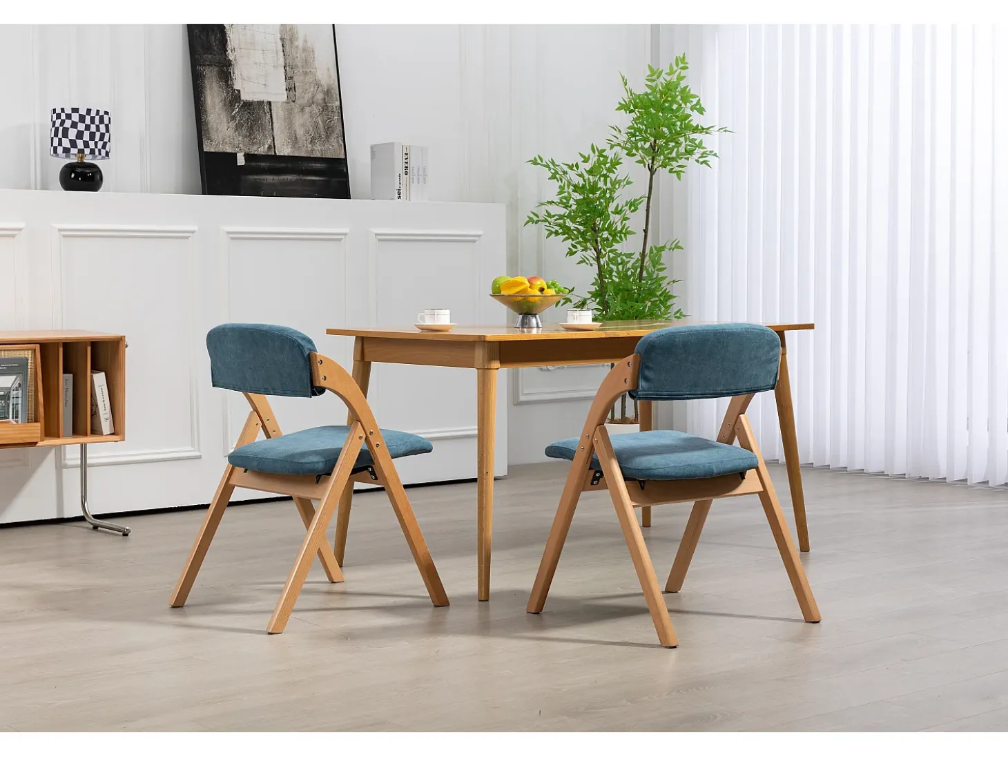 Sillas plegables con asiento acolchado, juego de 2, sillas de comedor apilables de madera, funda extraíble, color azul