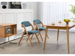Sillas plegables con asiento acolchado, juego de 2, sillas de comedor apilables de madera, funda extraíble, color azul