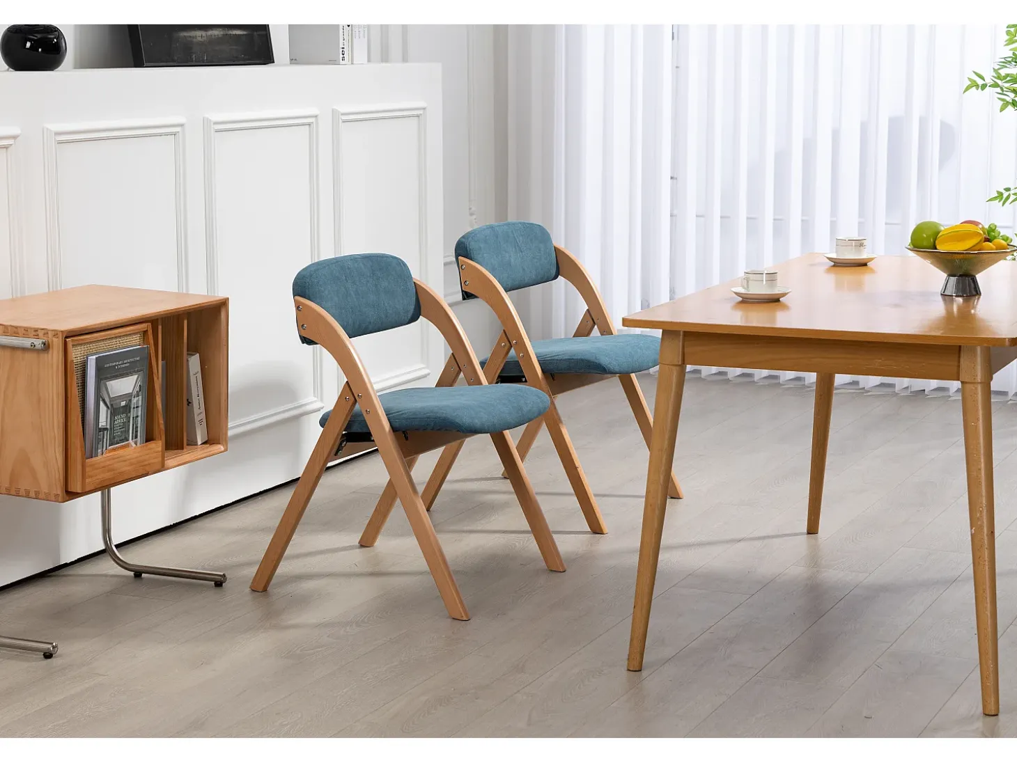 Sillas plegables con cojín, sillas apilables de madera, juego de 2, color azul (79 x 54 x 77 cm)