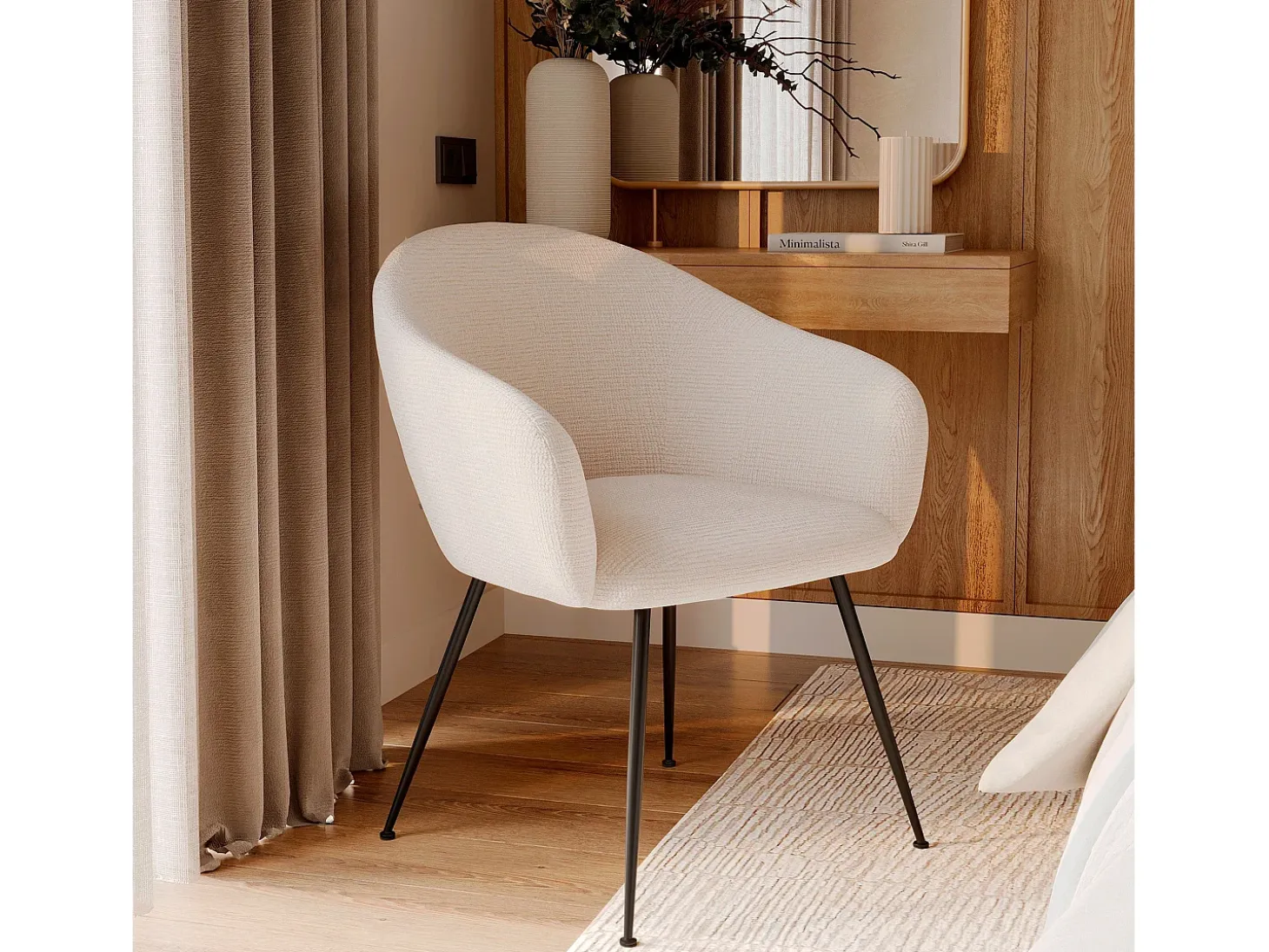 Sillón de comedor en tela blanco jaspeado y patas de metal negro - Socky